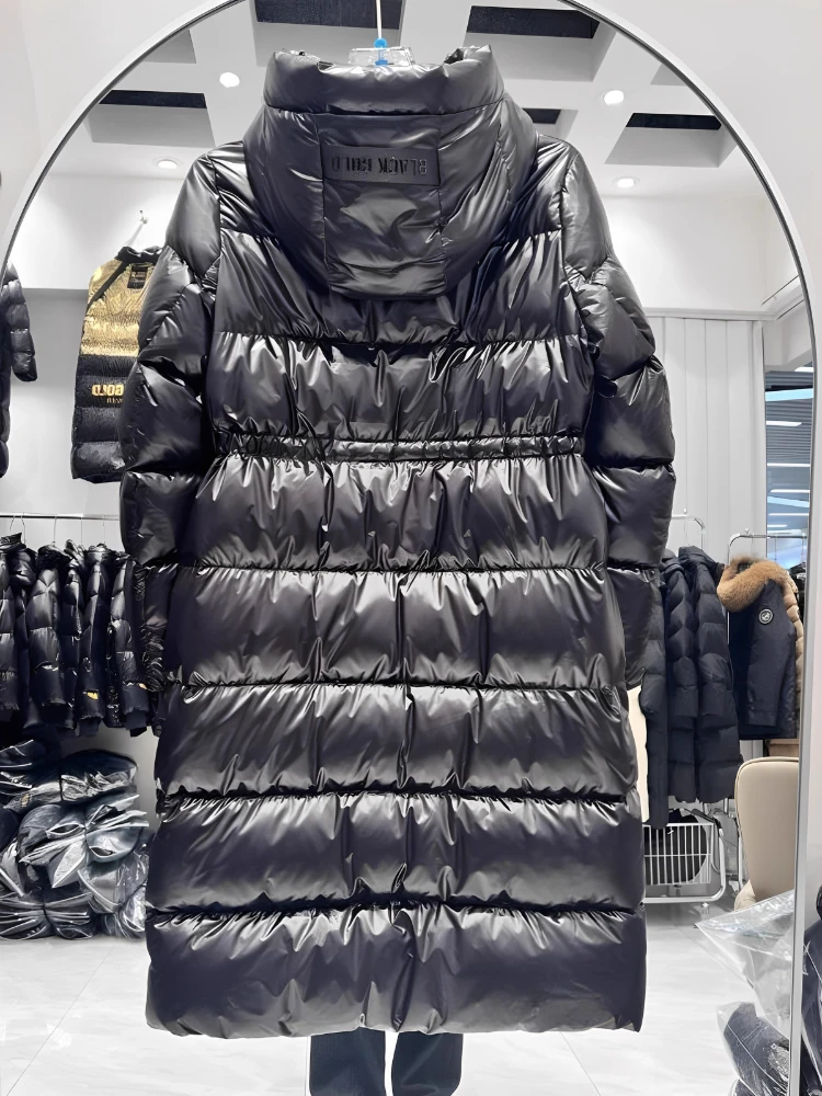 Jaqueta de penas de ganso branco com capuz feminino ultra-grosso puffer parkas 2025 novo inverno extra longo quente preto brilhante casaco fofo outwear