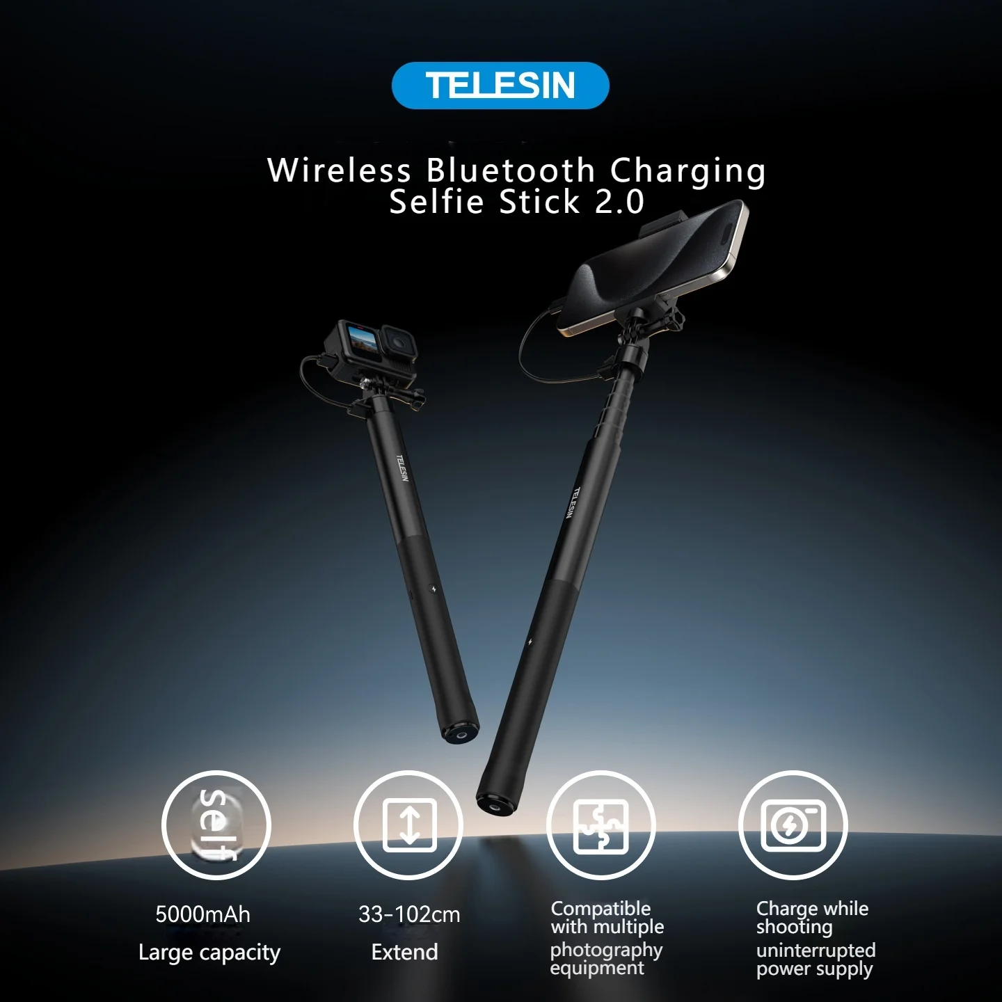 

Новая улучшенная версия беспроводной Bluetooth-палки для селфи TELESIN с быстрой зарядкой, телескопическая, профессиональная, 102 см, для экшн-камер