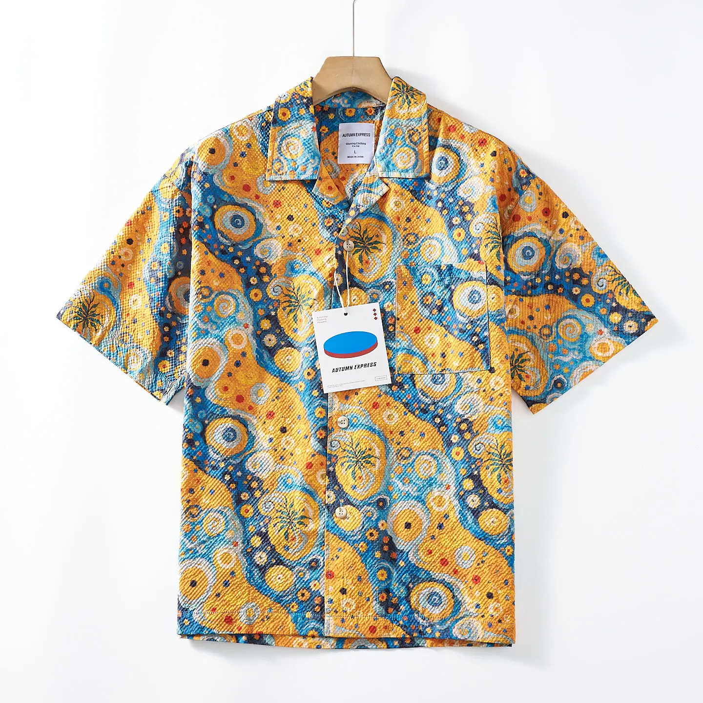 Summer New American Retro Short Sleeve Cuban Collar Cool Feeling Bubble Fabric Shirt Men's Fashion Loose Casual Flower Blouses