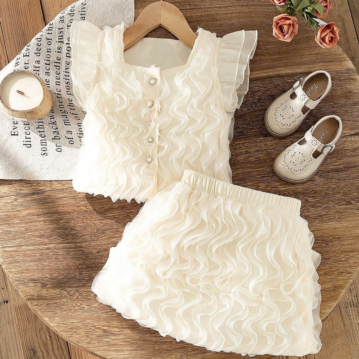 Summer Toddler Girl Clothes Set Ruffle Tulle Wave Mesh Short Sleeve T-shirt Top and Mesh Skirt 2Pcs Baby Girls Suits Kids Outfit