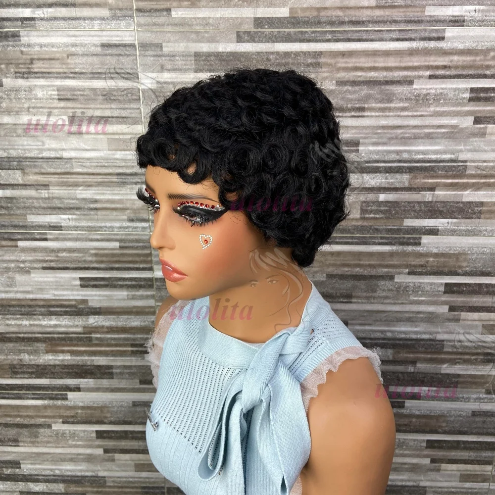 Lockige Pixie-Cut-Perücken, kurze Echthaarperücke für schwarze Frauen, natürliche schwarze gewellte Bob-Perücke, kleberlose Perücke, Remy-Haar, vollständig maschinell gefertigte Perücke – Detail 3