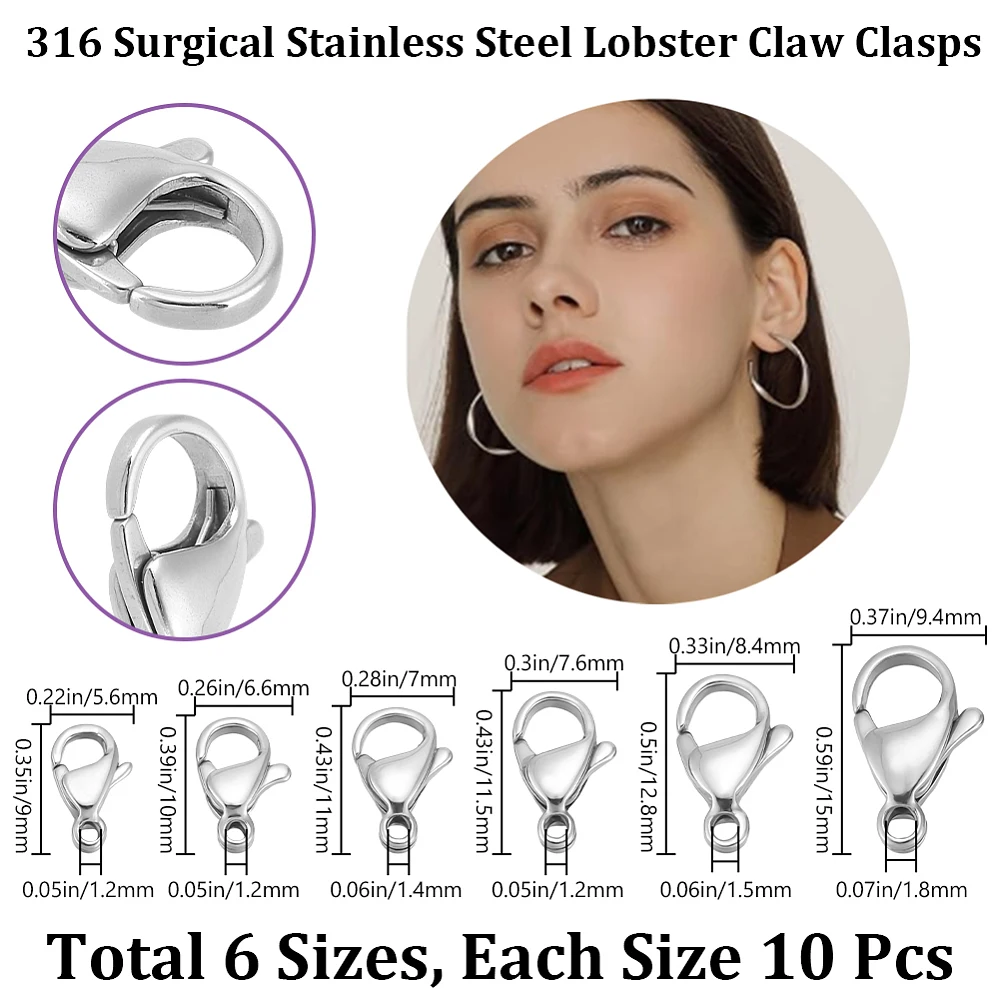 60Pcs Silver Lobster Clasps 316 Stainless Steel Trigger Small Snap Clasp Closure Hook for Bracelet Necklace Jewelry Making