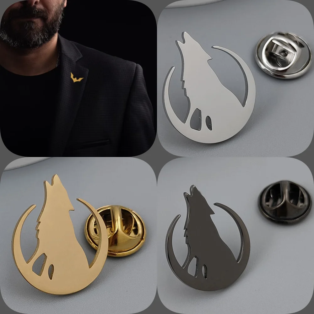 Moon Wolf Head Gold Plated Badge, Silver Collar Brooch, Black Lapel Pin, Men's Suit Accessories Set, Father's Gift