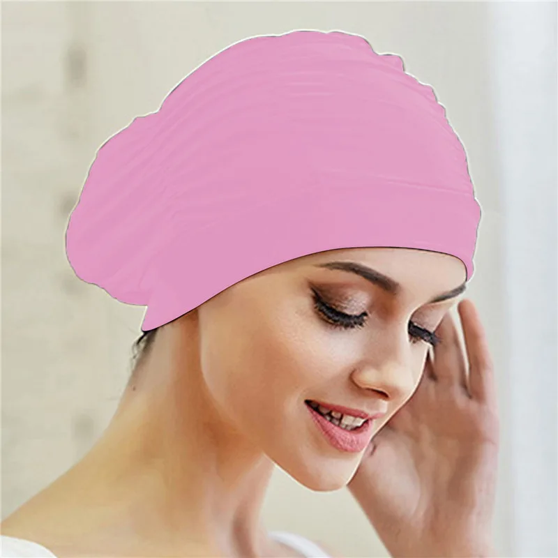 Bademütze für Damen, Unisex, Mädchen, langes Haar, Badekappe, Badekappe, Stretch, drapiert, freie Größe, Schwimmbad, Sport, elastischer Nylon-Turban – Detail 9