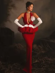 Brand New Ins Winter 2024 Women Halter Backless Red Maxi Bandage Bodycon Dress Gloves Evening Party Dress Vestido