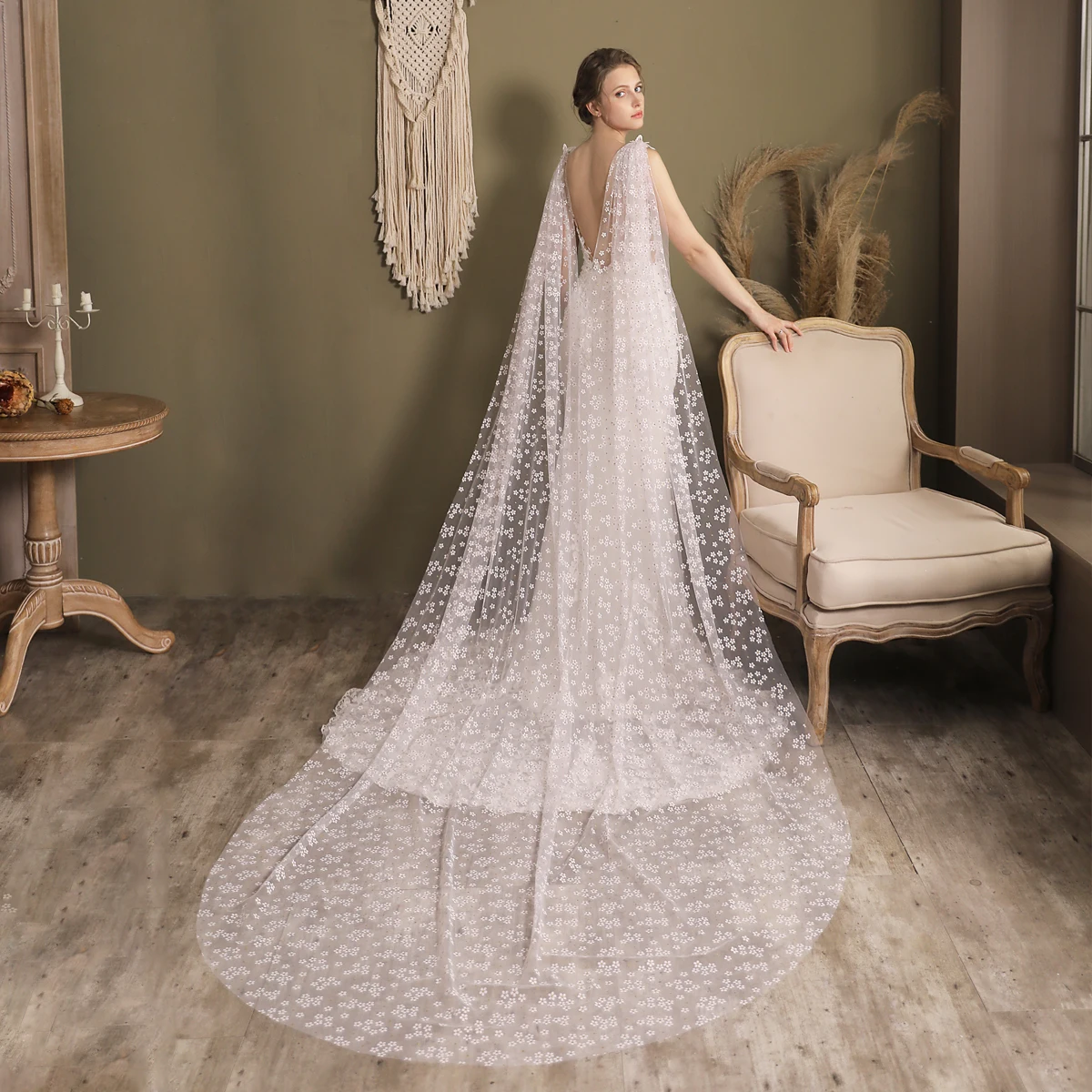 V827 Delicate Wedding Bridal Cathedral Veil One-Layer Tulle Printed Daisy Butterflies Double Shoulder Marriage Bride White Veil