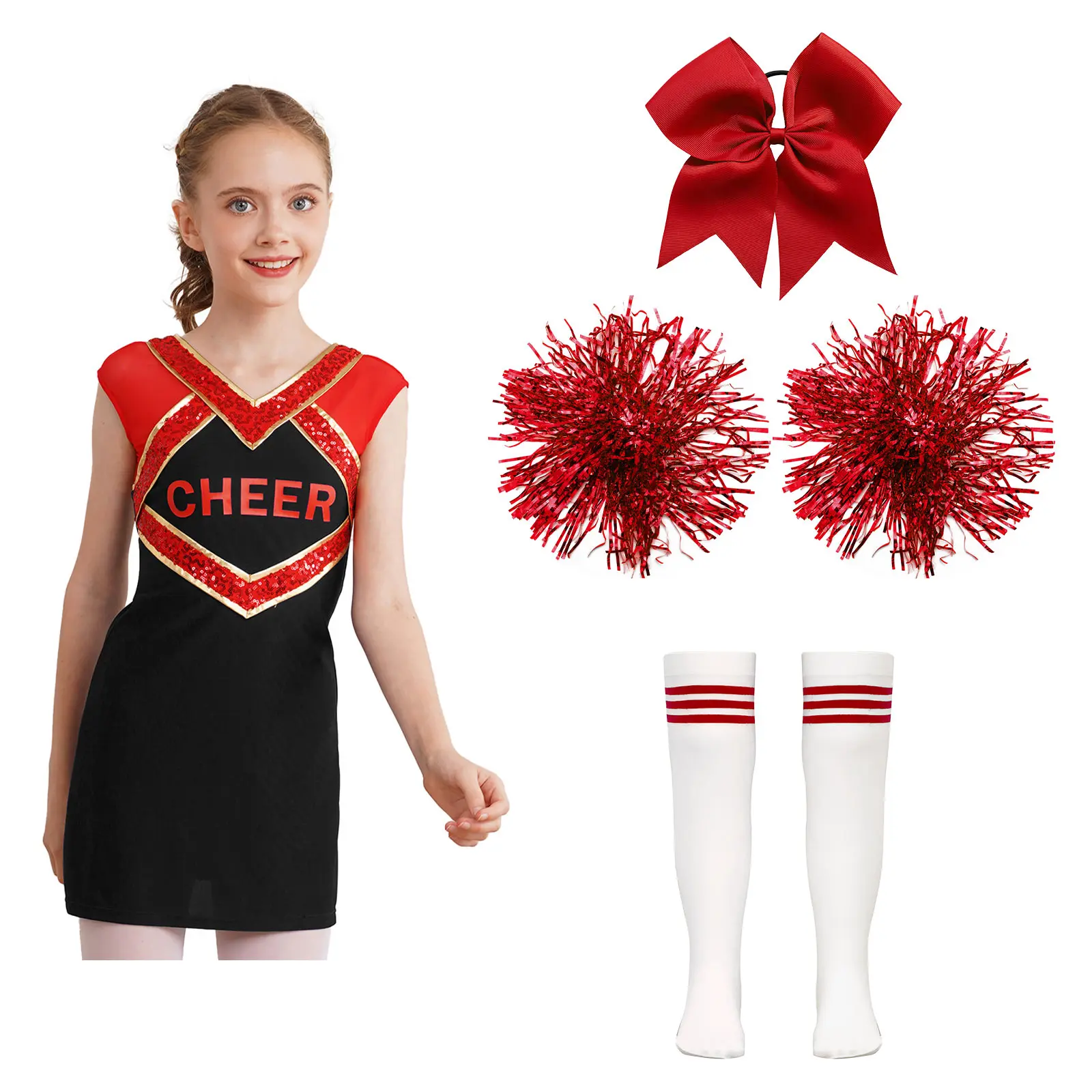 

Kids Girls Cheerleading Outfits Fashion Letter Print Sleeveless Dress with 1Pc Bowknot Headwear 2Pcs Hand Flowers Striped Socks