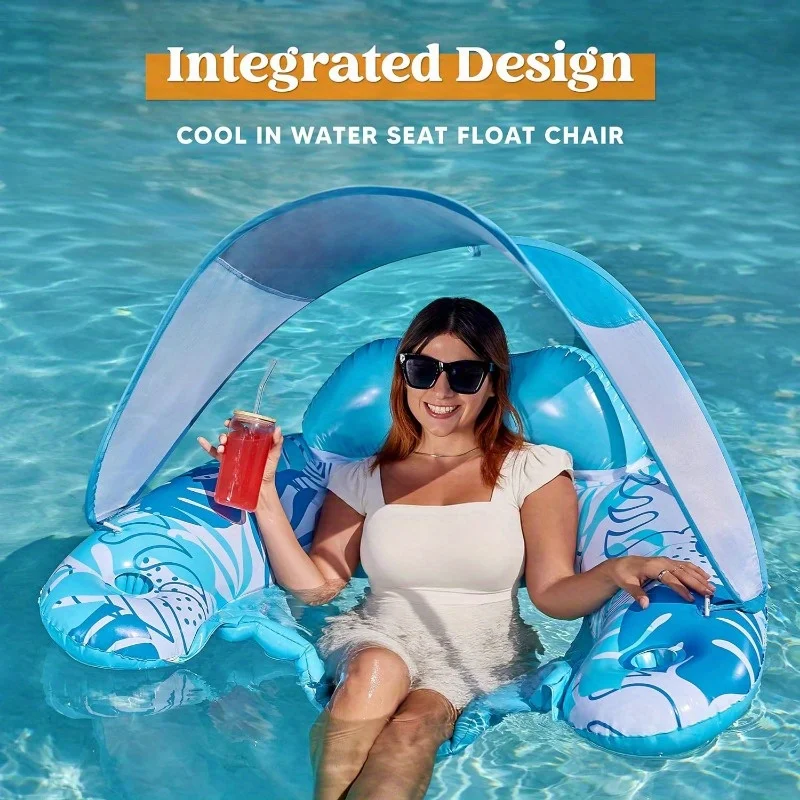 Flotadores Inflables para Piscina JOYFY XL con Toldo, Sillas Lounge con Portavasos para Adultos, Flotadores Inflables para Fiestas en la Playa y el Verano