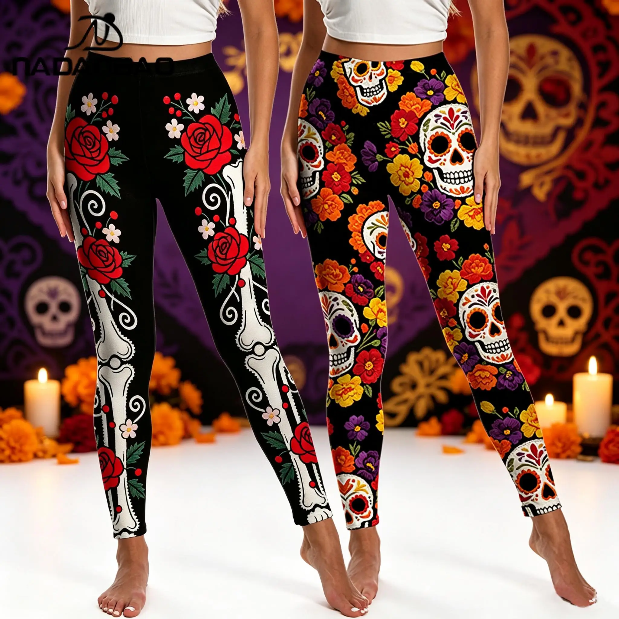 Nadanbao Women Rose Skull Print Leggings Gothic Halloween Skeleton Black Trousers Day of The Dead Party Pants Yoga Sport Bottoms