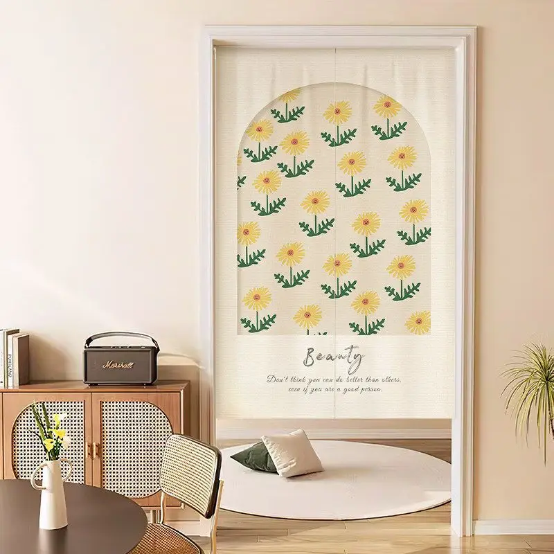 VIKAMA Japanese Arch Sunflower Floral Print Noren Doorway Curtain Room Divider Tapestry for Bedroom Fresh Farmhouse Home Decor