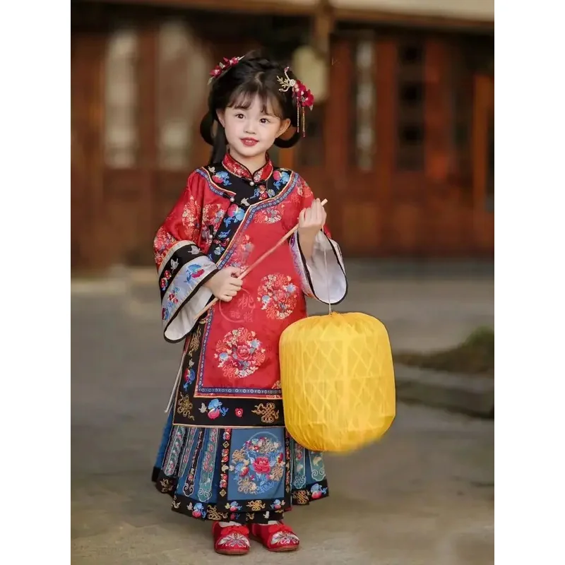 Children Girls Qing Han women Original Hanfu Skirt horse face skirt embroidery Qing Dynasty Mamianqun Chinese Dress