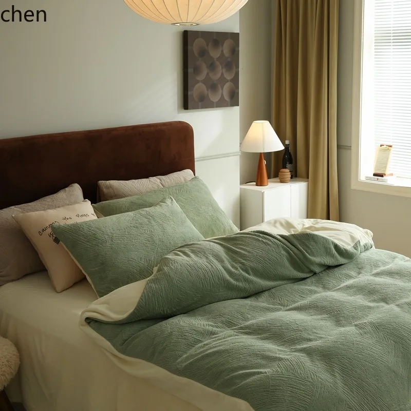 ZML four-piece winter thickened fleece bed sheet and duvet cover set, coral fleece bedding