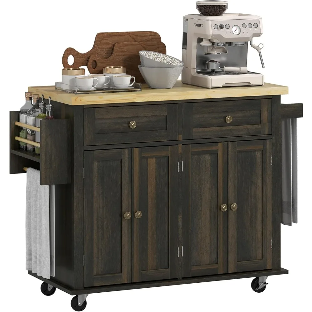 Kitchen Island Cart with Rubber Wood Top, Rolling Kitchen Island Table on Wheels with Drawers, Adjustable Shelves, Spice