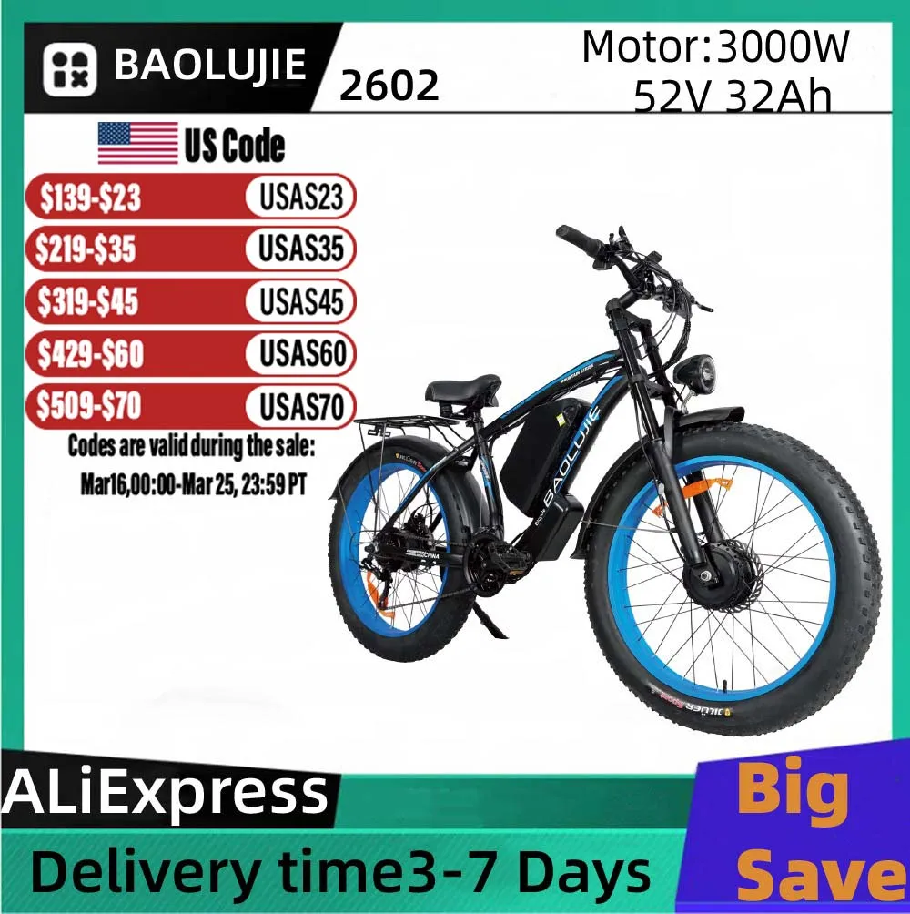 

BAOLUJIE 2602 Electric bicycle 3000W Motor 52V32Ah Battery City Commuter Electric Bike 26 inch Tire All Terrain E-bike