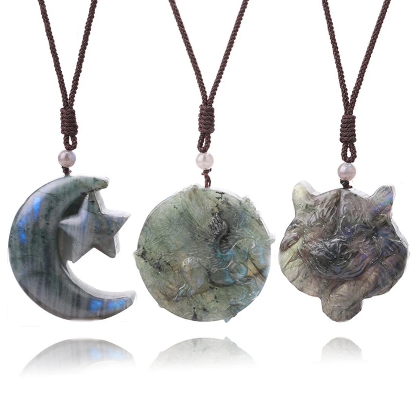 Reiki Healing Natural Stone Labradorite Necklace Engraved Angel Star Moon Lotus Fox Owl Pendants for Man Fashion Amulet Jewelry