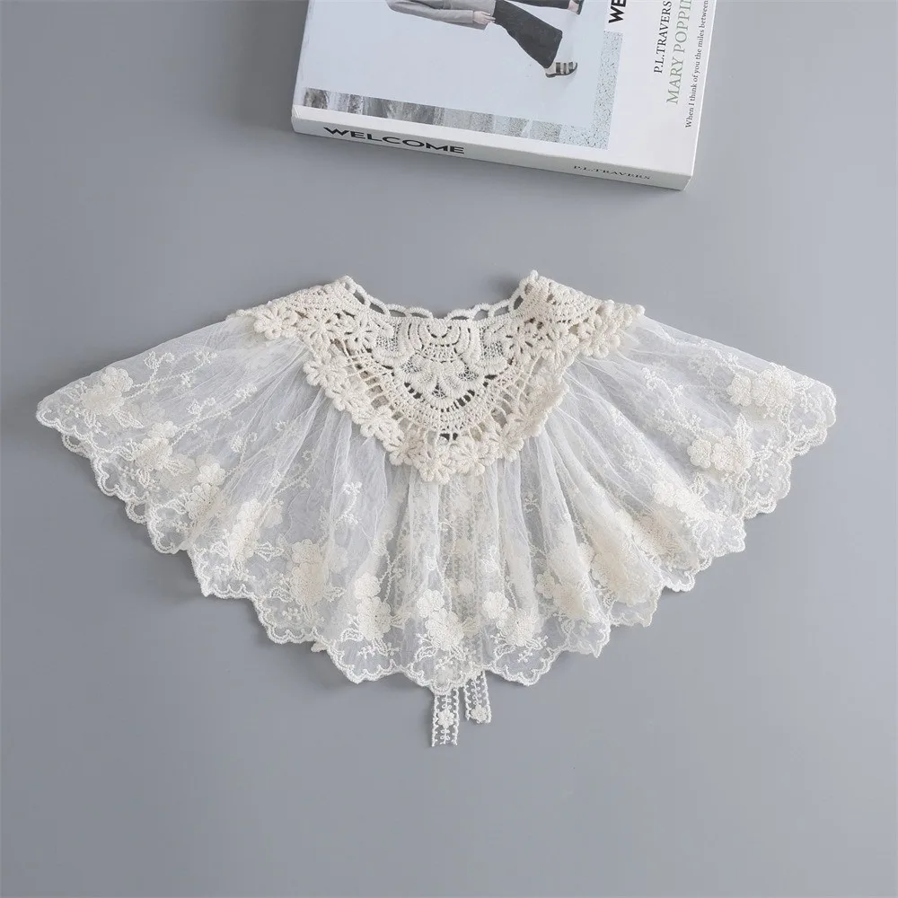 Elegant Embroidery False Collar Floral Lace Bowknot Lace-Up Scarf Detachable Chiffon Pleated Large Capelet Women