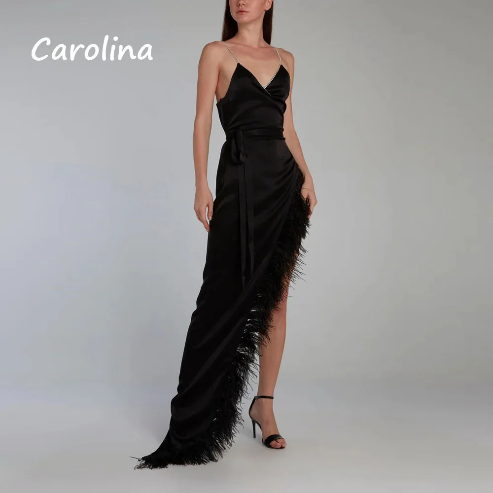 

Carolina Black V-Neck BSpaghetti Strap Mermaid 2024 Slim Feathers Ocassion Gown Floor-Length Formal Evening Dress Party Dress