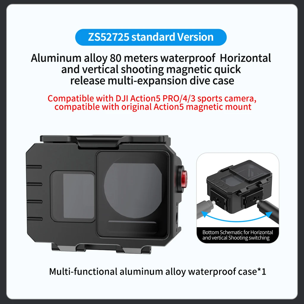 FEICHAO Deep Sea 80 m Unterwasserkameratasche für DJI Action 5 Pro 4 3 Gehäuse aus Aluminiumlegierung, magnetische Schnellverschluss-Stativ-Adapterhalterung 5