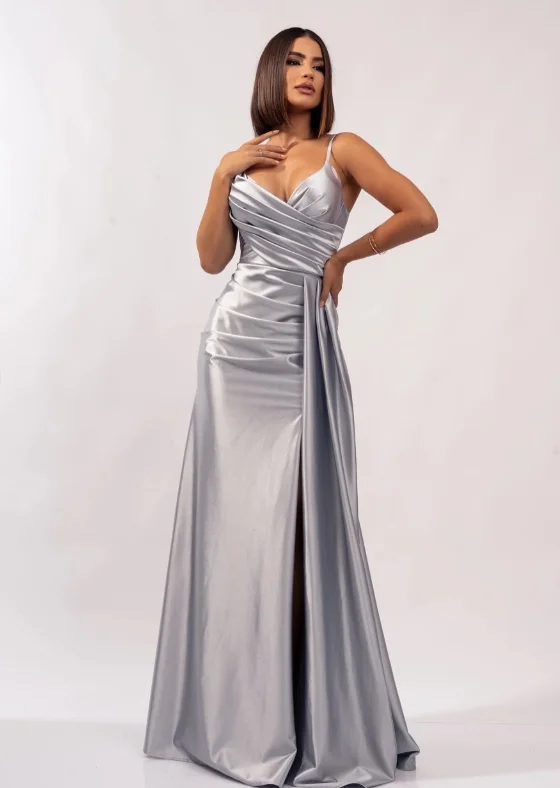 Di alta qualità personalizzato scollo a V piega pavimento lunghezza senza maniche bretelle sottili abito elegante da donna per la festa nuziale فستان