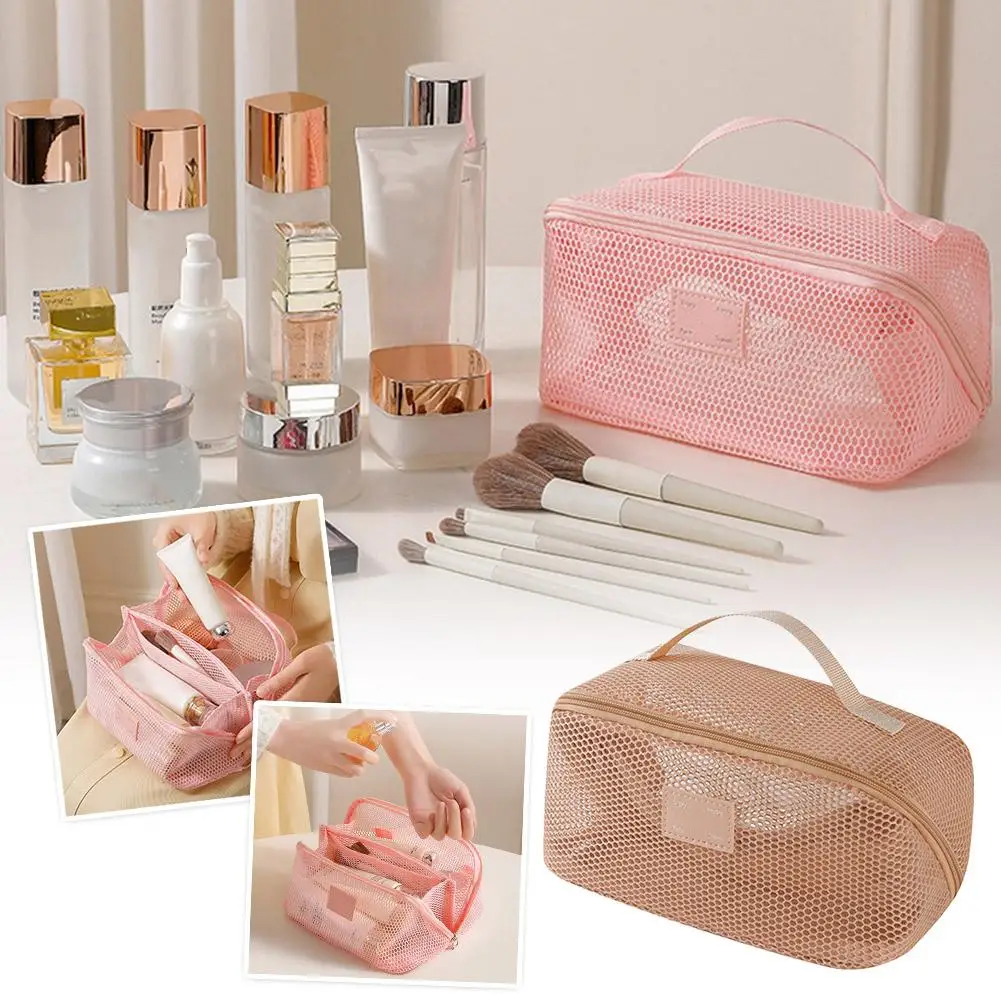 Cosmetic Bag Tri-Compartment Makeup Organizer Pink Mesh Toiletry Pouch with Double Zippers Large Capacity Portable Storage Bag