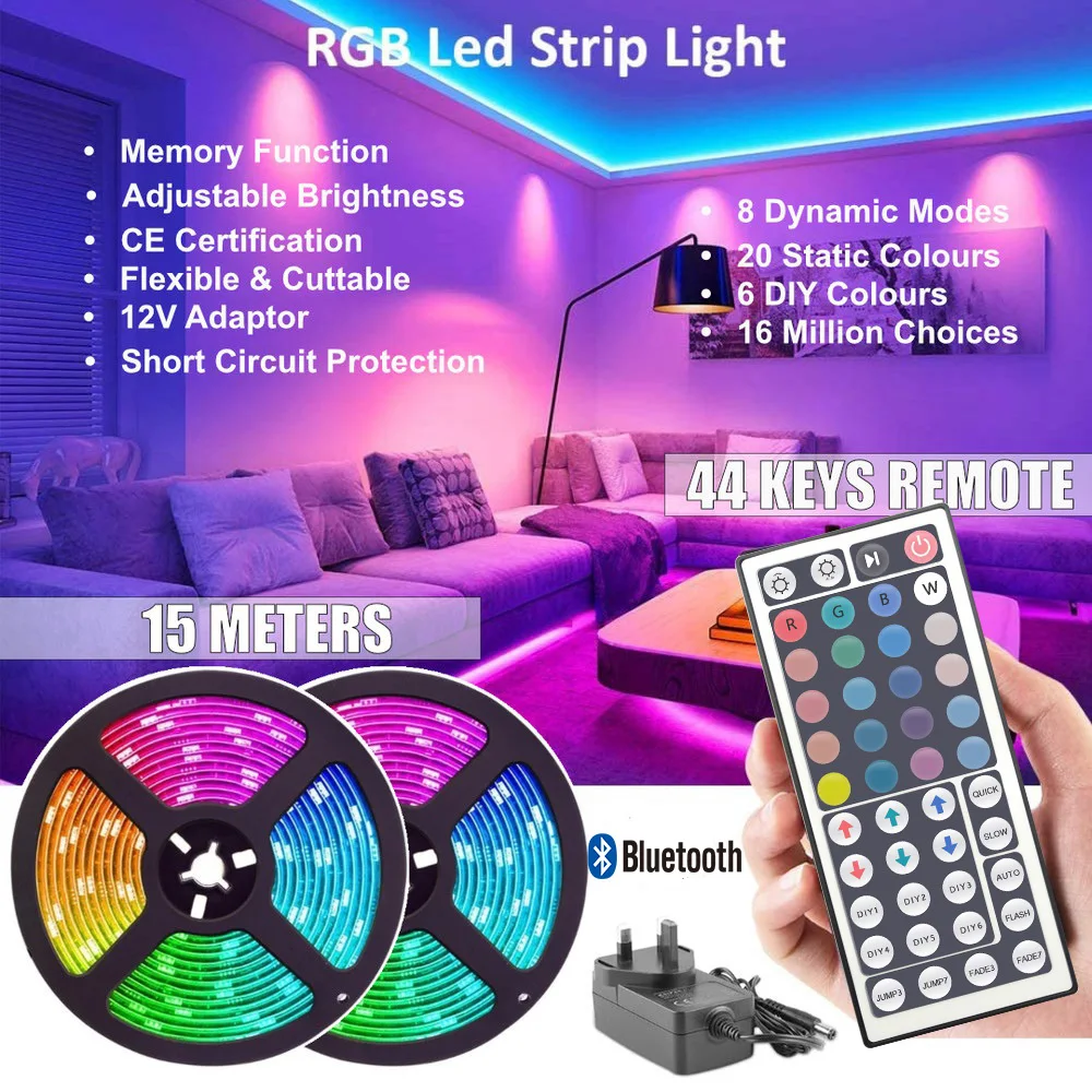 

65.6FT Led Lights for Bedroom 3528/5050 Color Changing Led Strip Lights with 44-Key Remote and 12v Power Supply for Home Decor