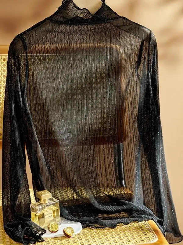 Top a Collo Alto con Base in Pizzo per Donna, Abbigliamento Interno Autunno Inverno, Stratificato, Trasparente, Lungo, Aderente