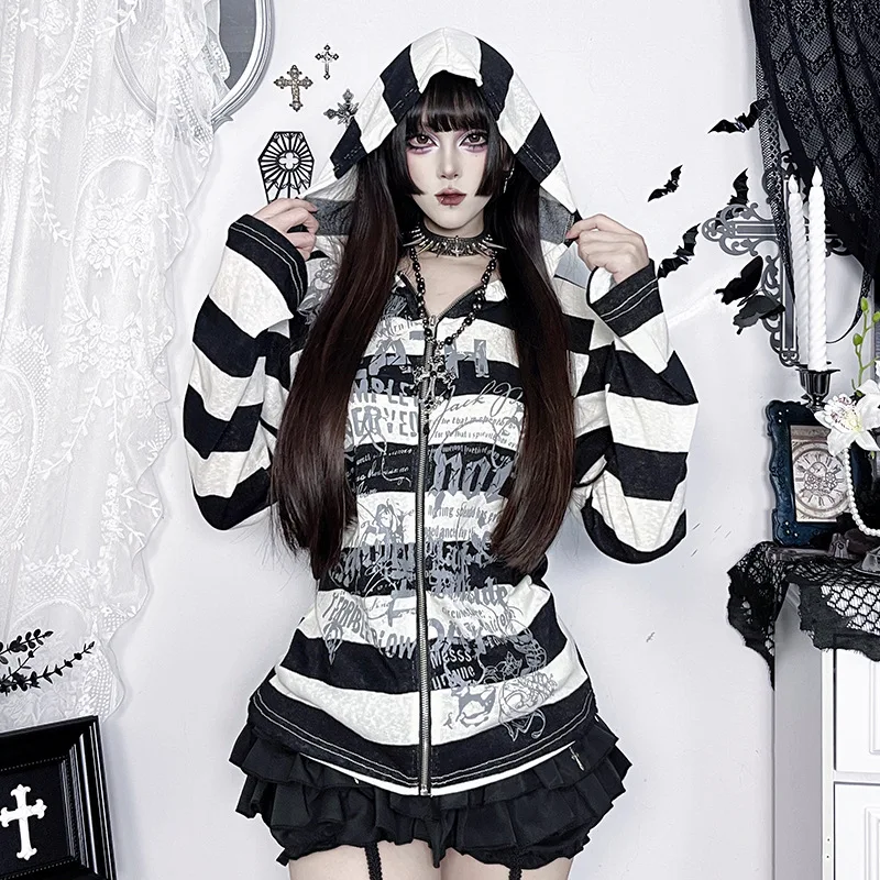 

Autumn Japanese Vintage Gothic Black White Striped Coat Women's Street Style Y2K 2000s Harajuku Hoodie Aesthetic Punk Sweatshirt