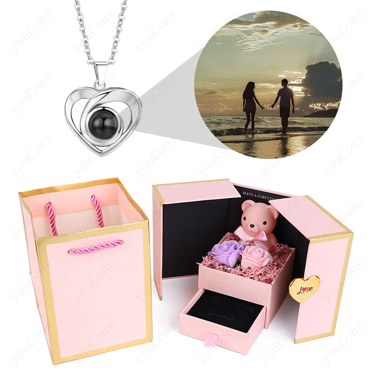 

Custom Photo Projection Necklace With Pink Bear Rose Gift Box Valentine's Day Mother's Day Birthday Romantic Gift For Women New