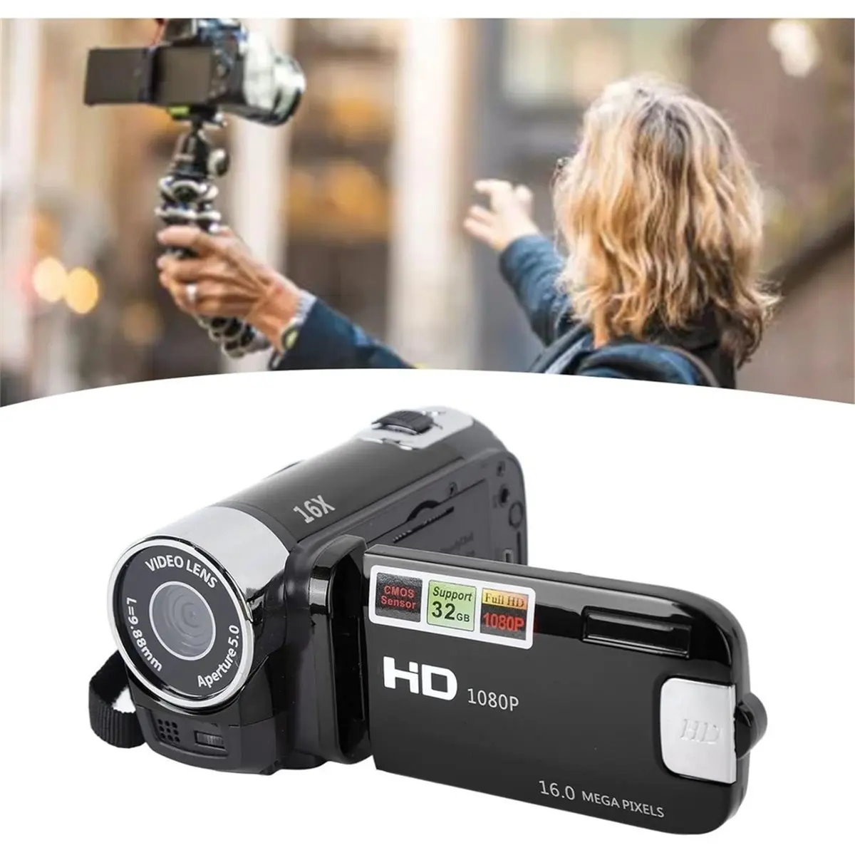 PHONE&GEAR Handheld Camcorder, 1080P 16MP DV Video Camera with 16x Digital Zoom with 2.7 Inch TFT Rotating Screen and USB Cable