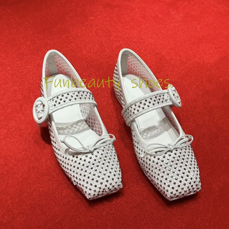 2024 Women\'s Square Toe Mary Jane Shoes Ballet Shoes Bow Tie Rhinestone Flat Shoes High-quality Genuine Leather Soft Shoes