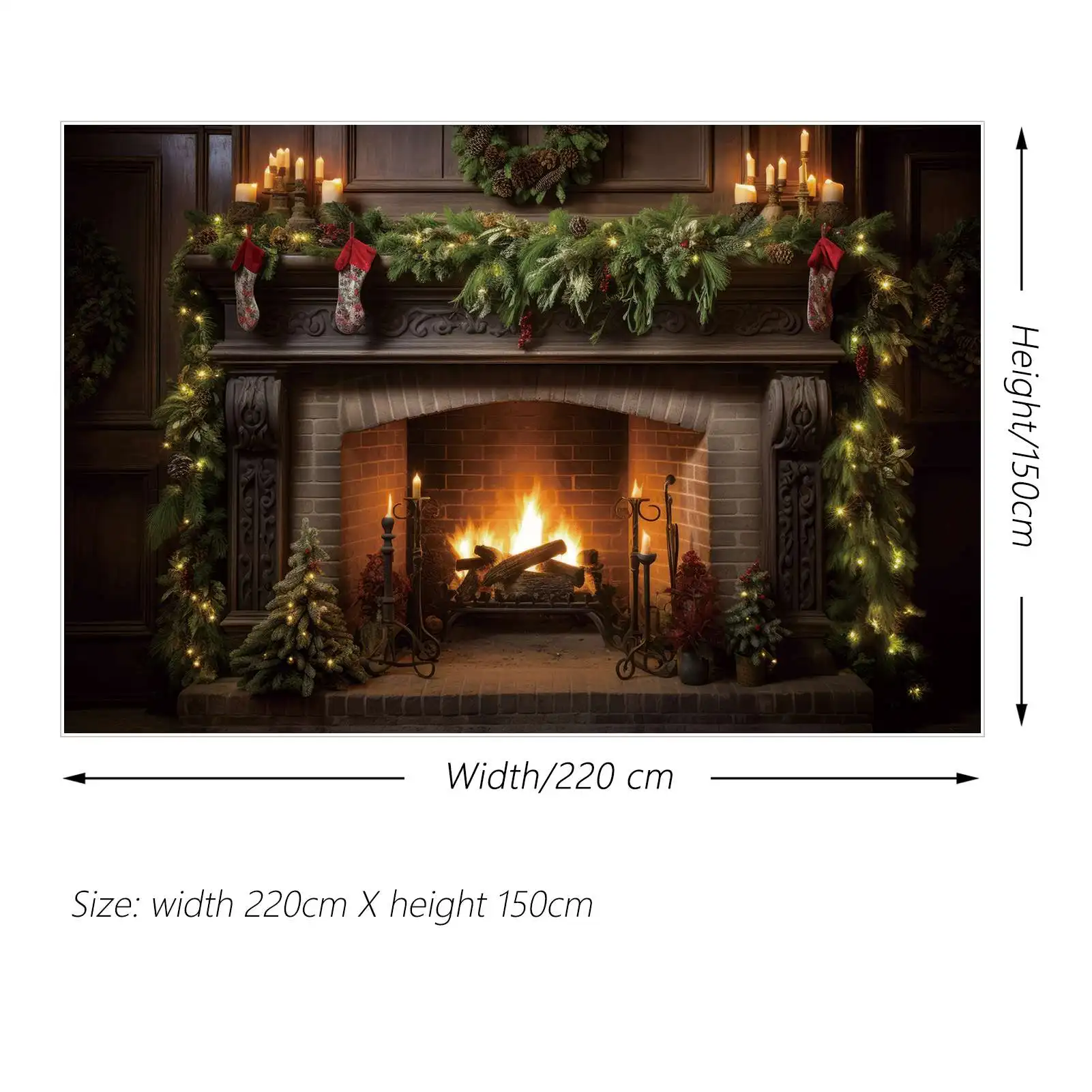 MOON.QG Photography Backdrop Christmas Decoration Brick Fireplace Pine Sock Background Garland Candles Light Up Shooting Props