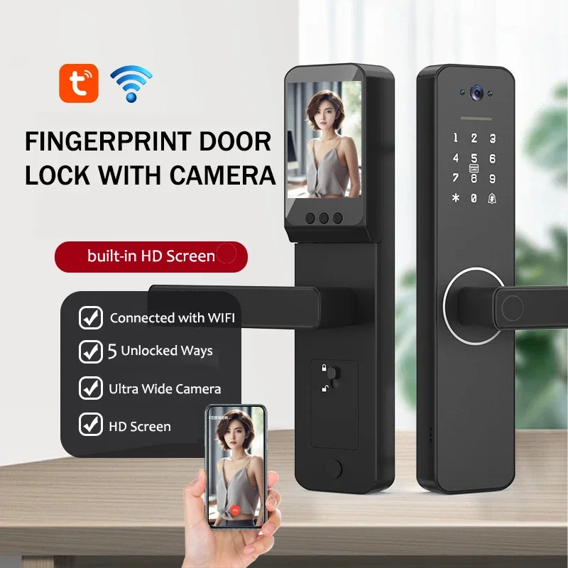 

WAFU Tuya Smart Wifi Remote Control Door Lock Biometric Fingerprint Interior Door Lock with Camera Keyless Entry Home Door Lock