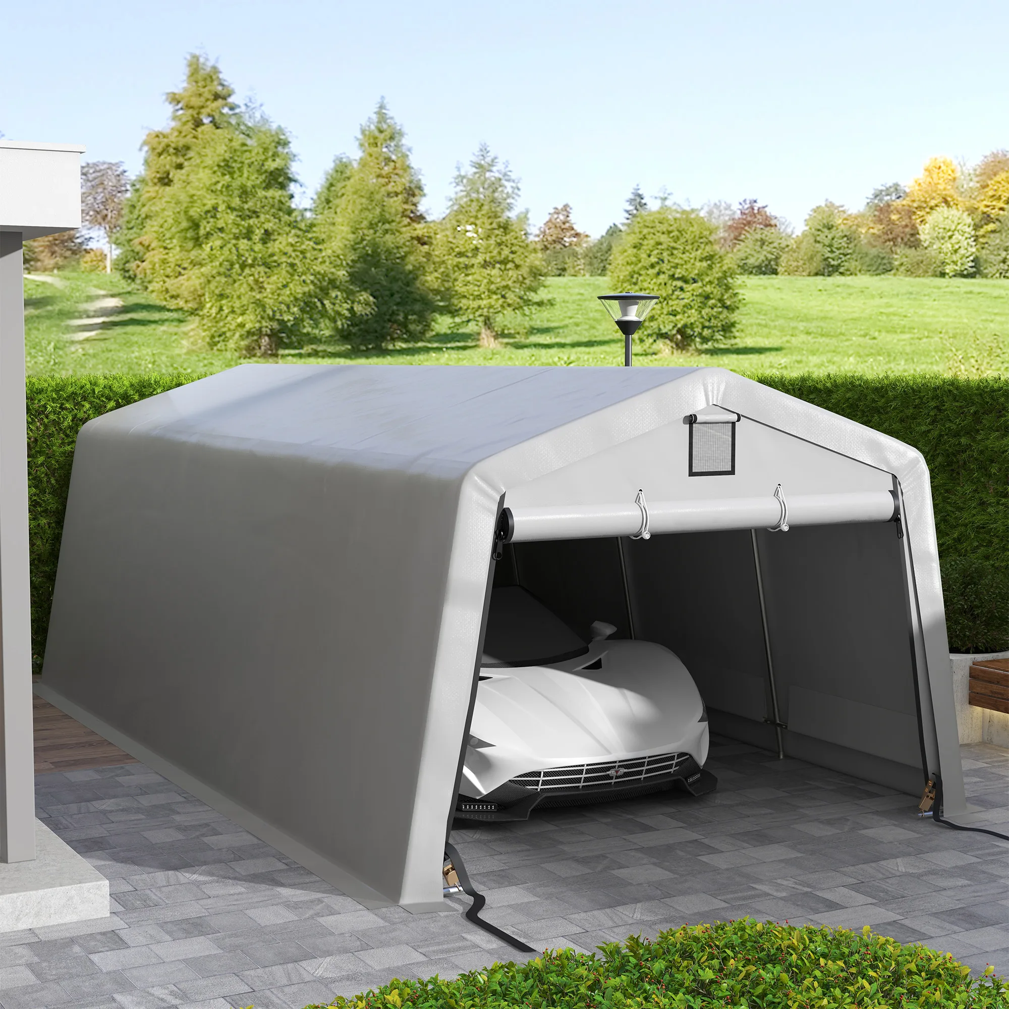 Outsunny Tente Garage Carport 6,2 x 3,3 x 2,4 m, 2 ventilatieopeningen en 1 deur, zwaar gegalvaniseerd staal, hoge dichtheid PE 150 g/m², waterdicht, anti-UV, lichtgrijs