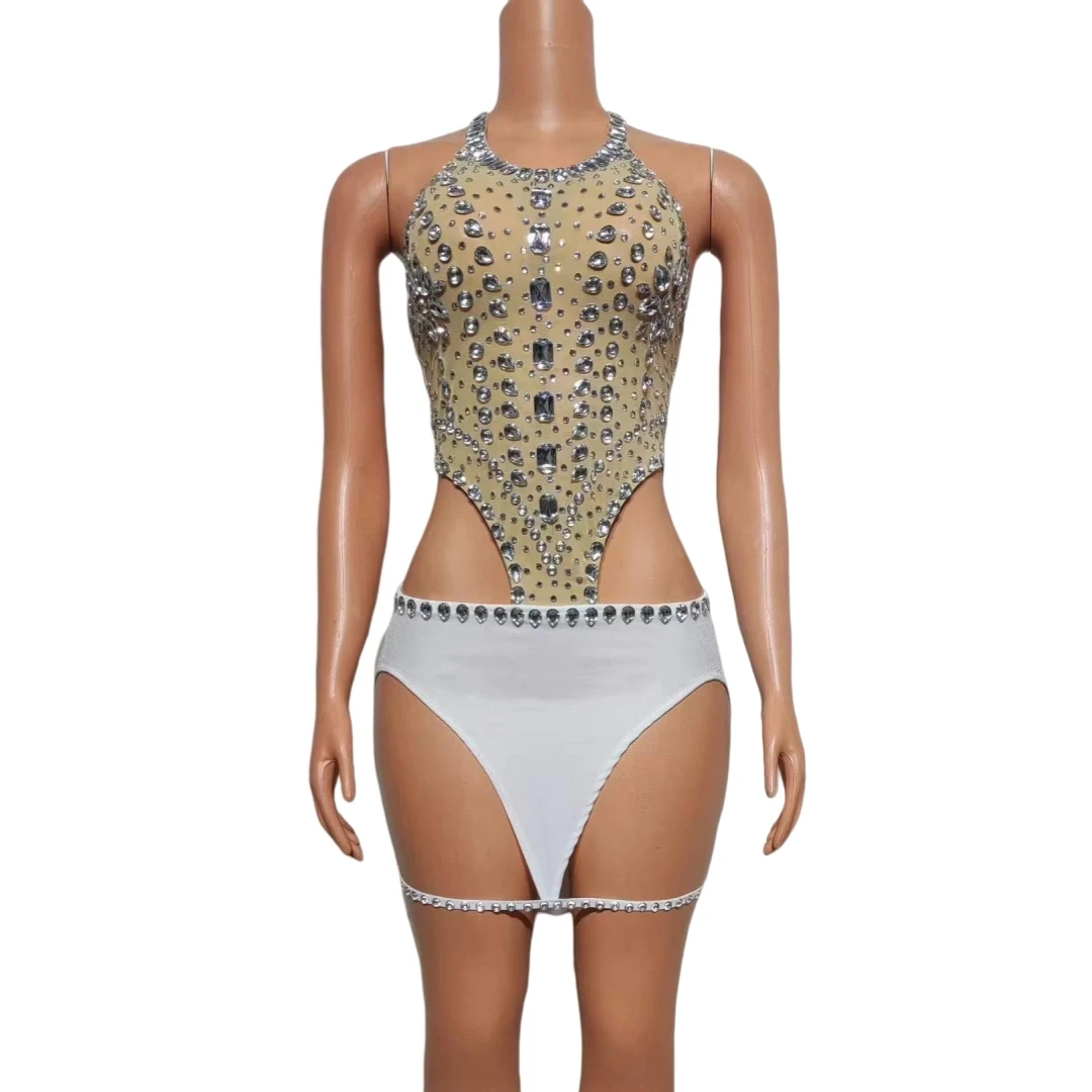 

White Rhinestone Sexy Outfit For Women Backless Sleeveless Dress Crystals Clubwear Glitter Showgirl Photography Nightclub Wear