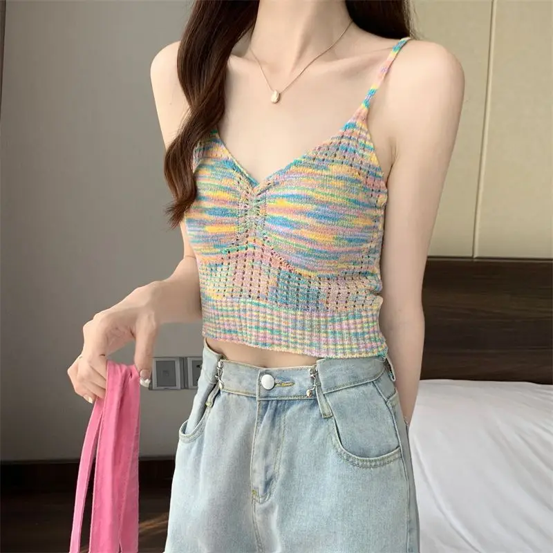 Women's Y2k Colorblock Knit Crop Top Sexy Sleeveless Cami Summer Streetwear