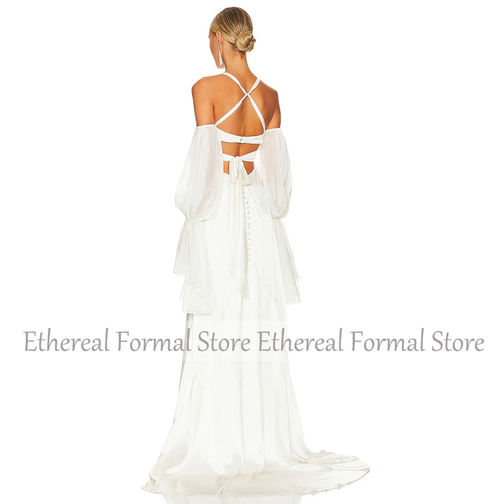 Элегантное вечернее платье цвета слоновой кости, платье для выпускного вечера на свадьбу, длиной до пола, вечернее платье на тонких бретельках с пышными рукавами