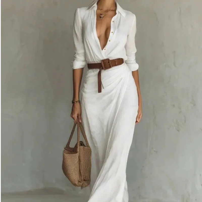 

Women's Fashion Holiday Party Dress Elegant Lapel Solid Color Irregular Pleated Belted Maxi Dress Lady Casual Dress Vestidos