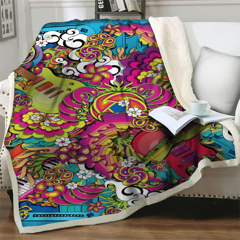 

Colorful Flower With Guitar 3D Print Soft Flannel Plush Throw Blankets For Bed Home Use Sofa Decor Travel Picnic Quilt Nap Cover