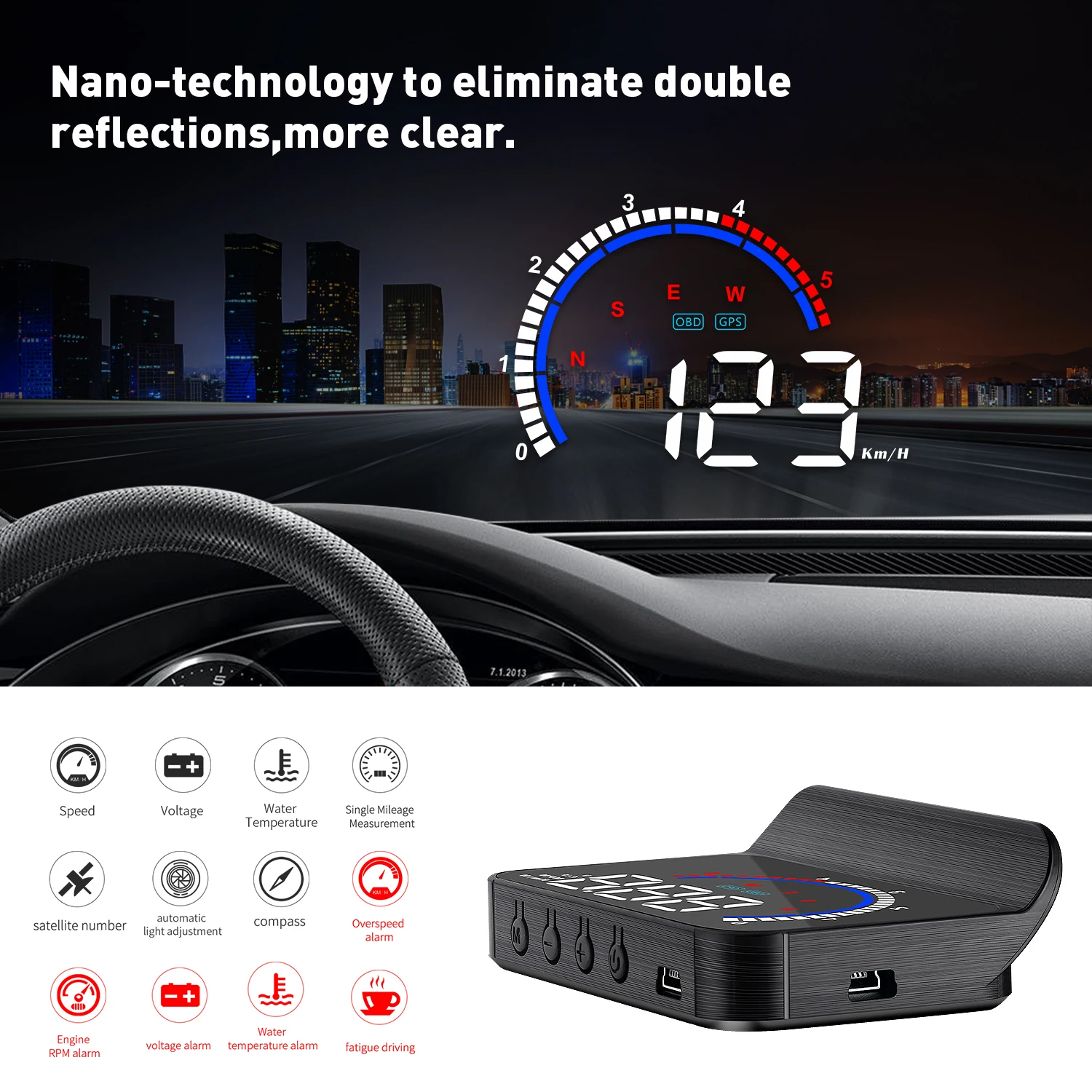 

M13 Plus GPS Windshield HUD 3.5" LED Screen Type-C Connection Universal Fitment Auto Speedometer Black Auto Electronics