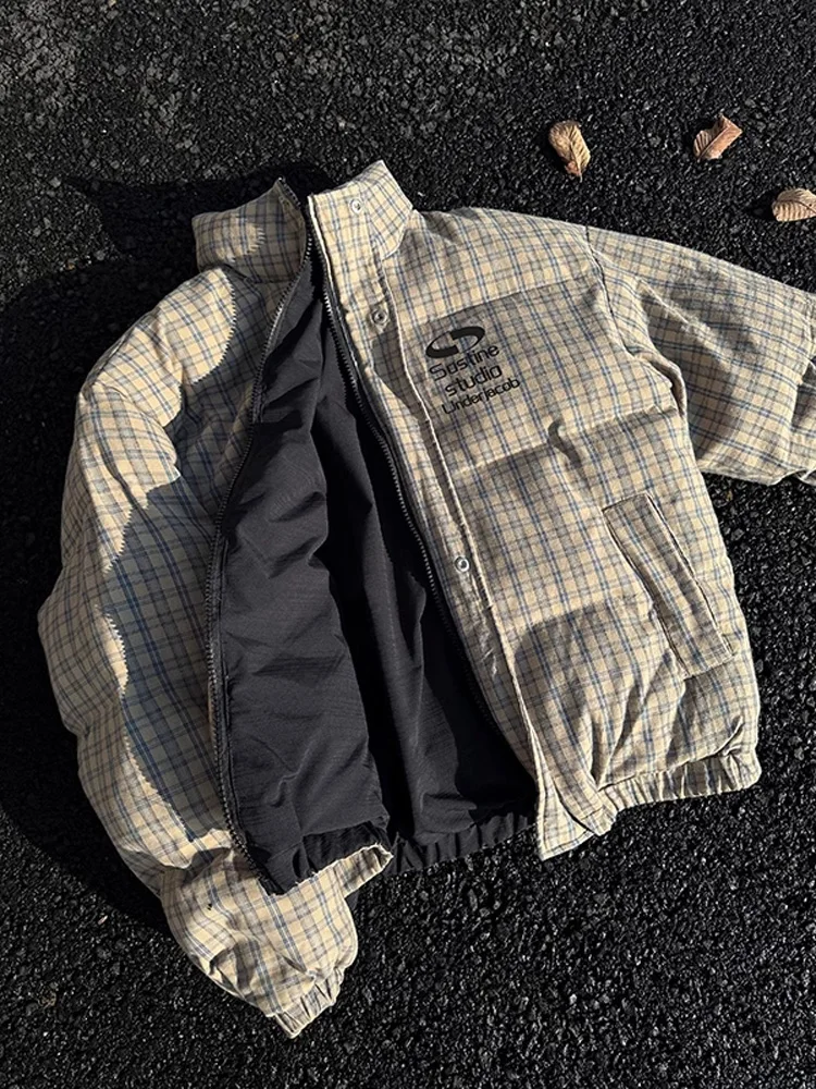 

American Retro Double-Sided Wear Plaid Cotton Jaet Thi Warm Stand Collar Bread Sle Coat for Men And Women Winter Outerwear