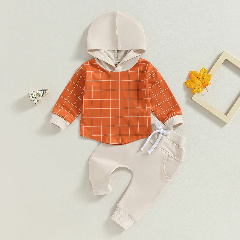 

Baby Boy Fall Clothes Plaid Print Hooded Sweatshirt and Elastic Waist Pants Set 2Pcs Thanksgiving Outfit for Toddler