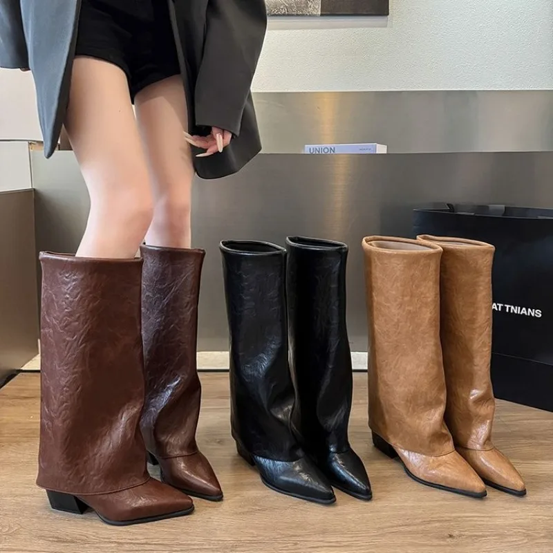 Women Chunky High Boots Pointed Toe Shoes Sexy Lady Dress Gladiator Autumn New 2026 Trend Retro Fad Woman Boots Goth Botas Mujer