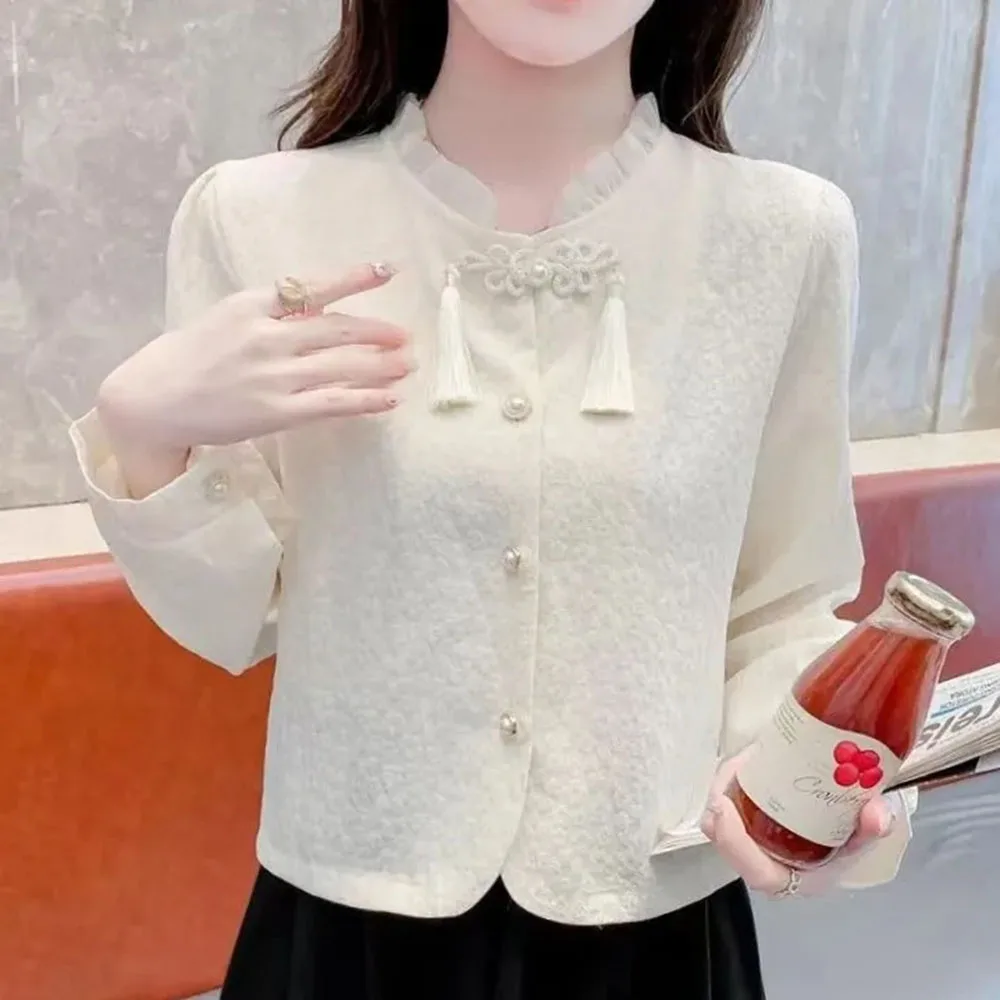 New Chinese style Buckle Long-sleeved Ladies' Shirts Autumn 2024 Autumn Clothes New Chinese Style Retro Temperament Short Coat 。