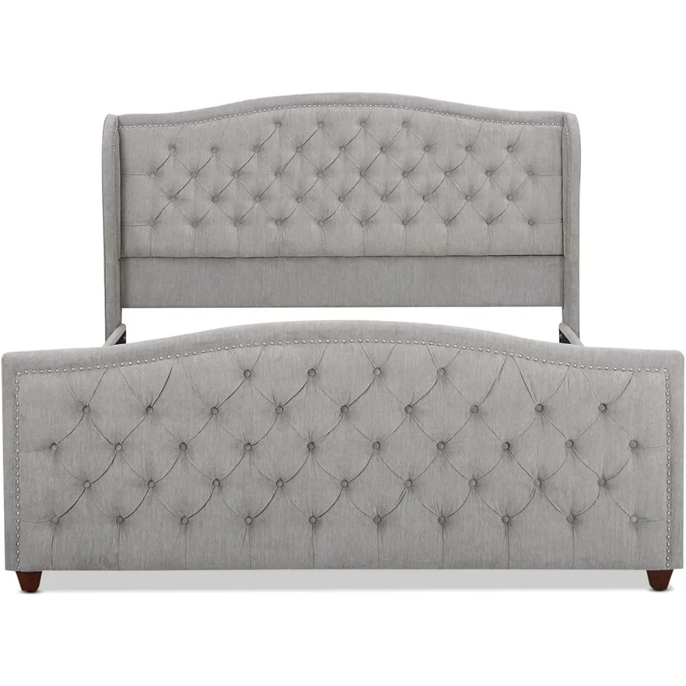 Home Marcella Upholstered Shelter Headboard Bed Set, King, Silver Grey Polyester