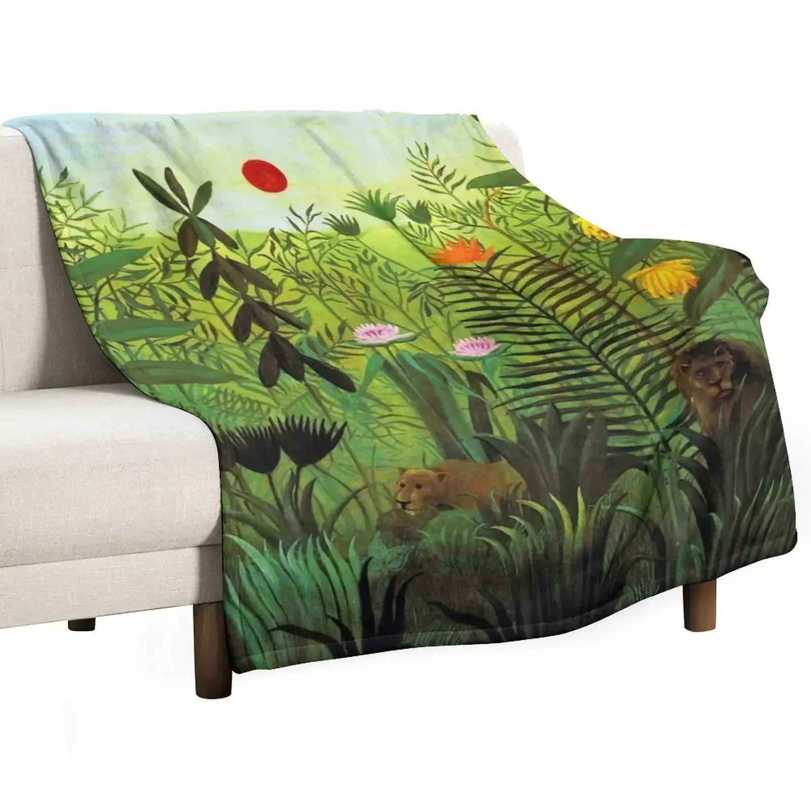 Henri Rousseau Exotic Landscape with Lion and Lioness in Africa, 1903-1910 Throw Blanket Flannel warm for winter Blankets