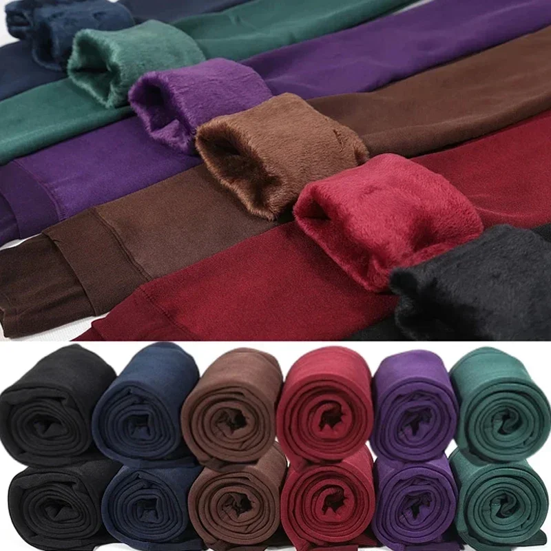Colorful Fleece Lined Tights Winter Women Thermal Pantyhose for Female Panty Polar Skin Black Effect Stockings Thermal Leggings