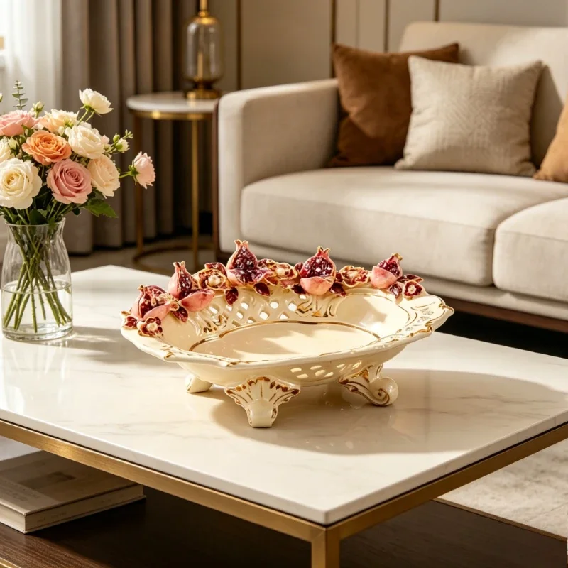 Luxury Ceramic Fruit Platter, European Style Hand Painted Bowl, High Fired Gold Decor Centerpiece, Large Coffee Table Ornament