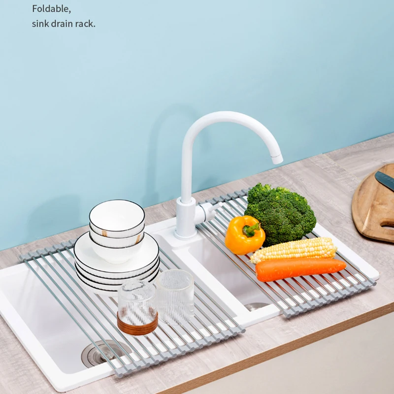 Stainless Steel Foldable Drain Roll-up Dry Tool, Kitchen Sink Storage Rack, Bowl and Tableware Storage, Fruit and Vegetable Drip