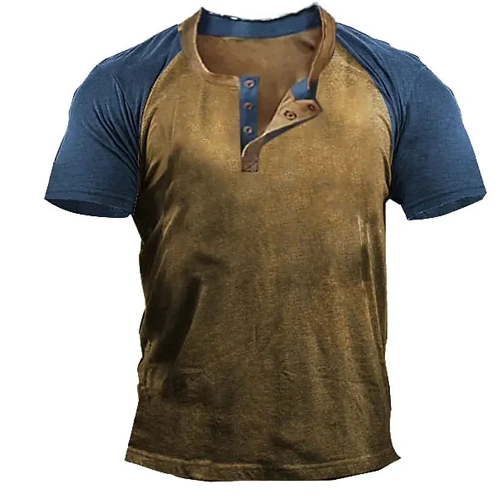 تي شيرت رجالي من Henley صيفي بأزرار جرافيك عادي بطباعة ثلاثية الأبعاد ملابس غير رسمية بأكمام قصيرة ملابس علوية كبيرة الحجم ملابس الشارع