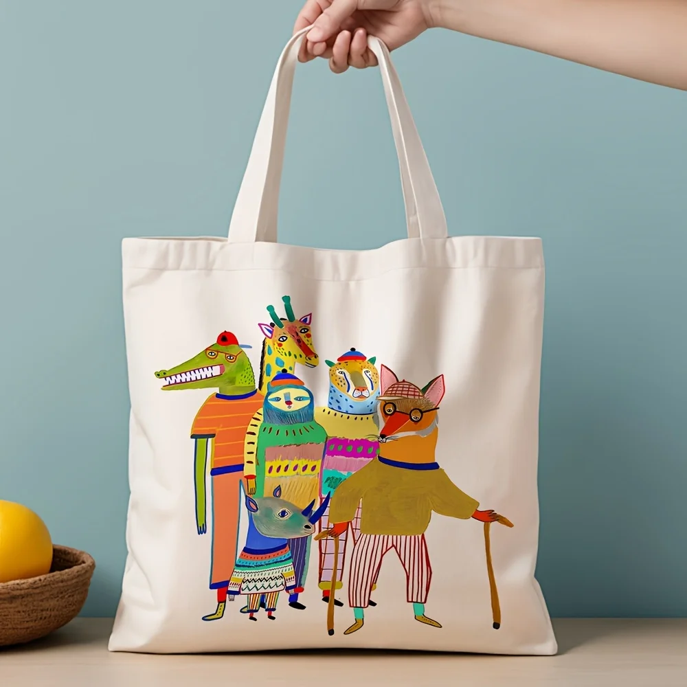 A Interesting animals pattern print canvas tote bag, suitable for daily use, shopping, school, and travel